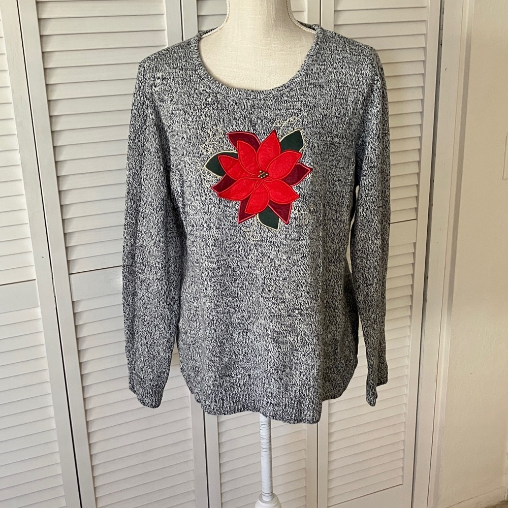 Croft & Barrow Gray Sweater with Red Poinsettia‎ Flower size XL